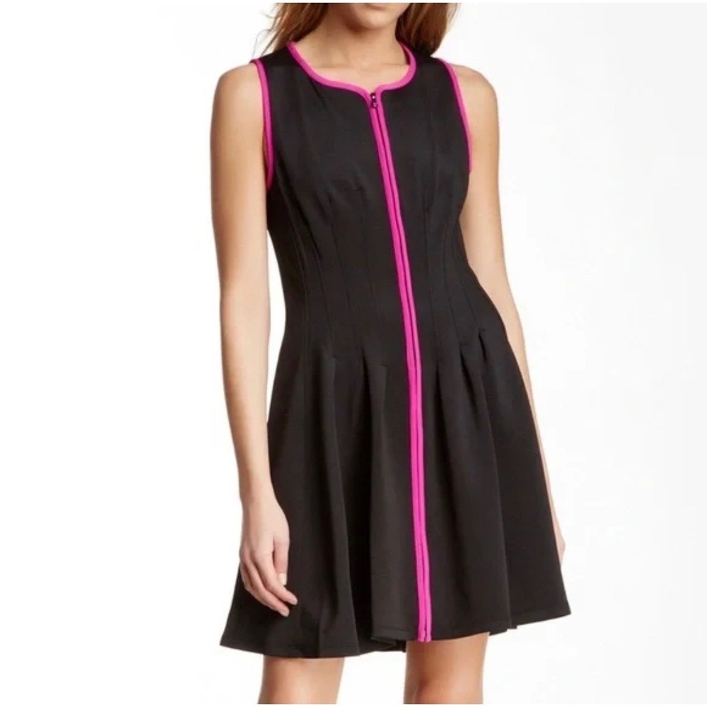 Betsey Johnson Black Pink Trim Front Zip Fit Flare Scuba Dress 2 Barbie Goth